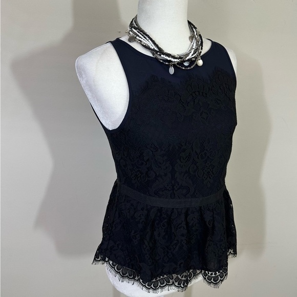 Loft sz  2P blouse, top in a deep navy with a black lace overlay stitched on top - Picture 1 of 13